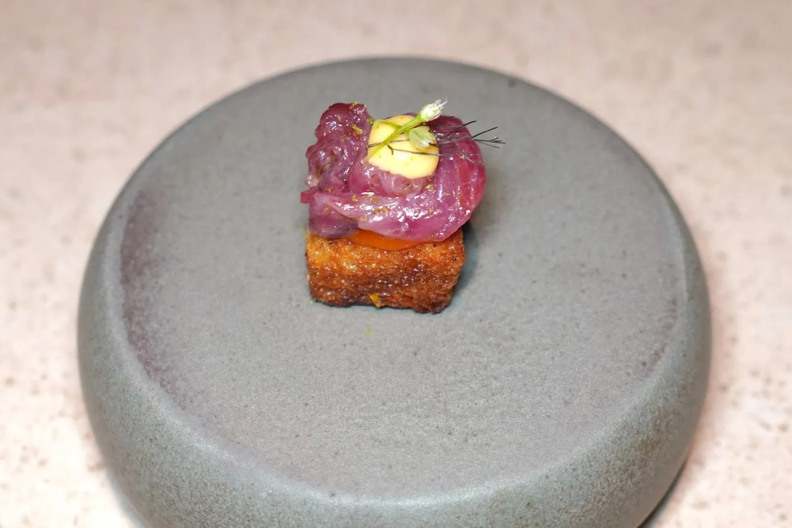 Venisonparsnip, chicory, blackberryเนื้อกวางไทยจากฟาร์มในจังหวัดตรังดิบที่ผ่านการหมักกับน้ำมันเสิร์ฟมาบนขนมปัง Brioche (15/20)