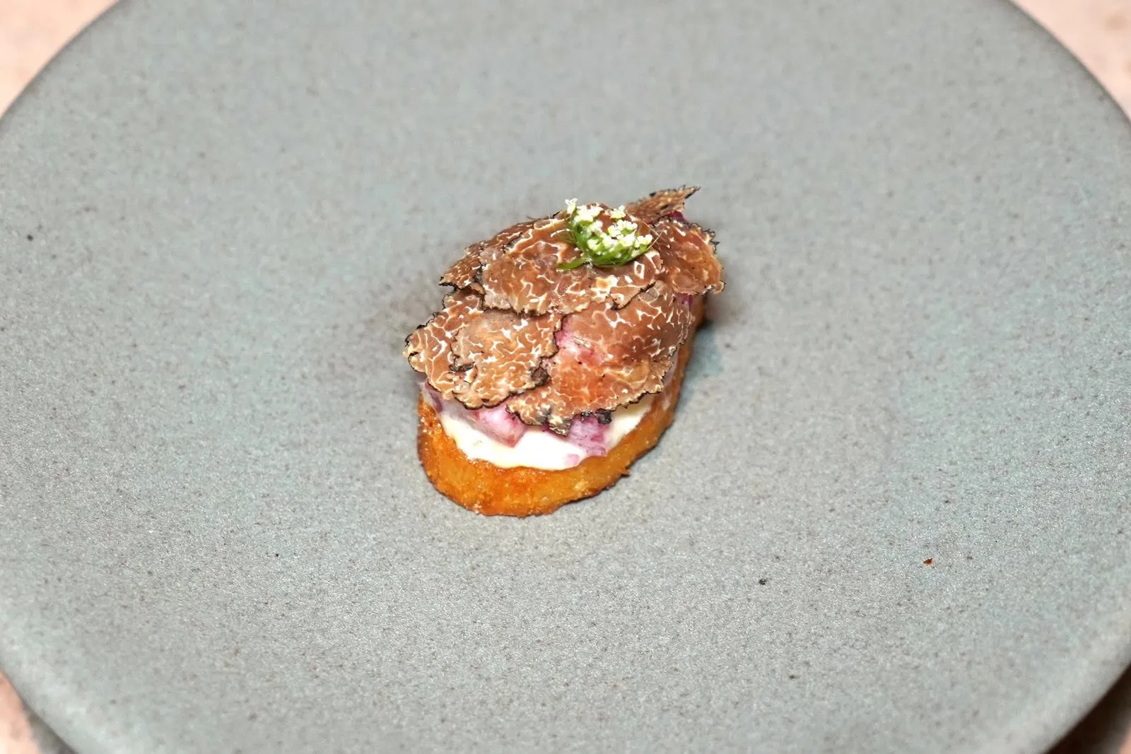 Wagyu (800++ supplement)cep, cauliflower, blackcurrant, black truffleมันฝรั่งทอดเสิร์ฟมากับทาทาร์เนื้อวัว ด้านบนท็อปด้วยเห็ดทรัฟเฟิล (15/20)