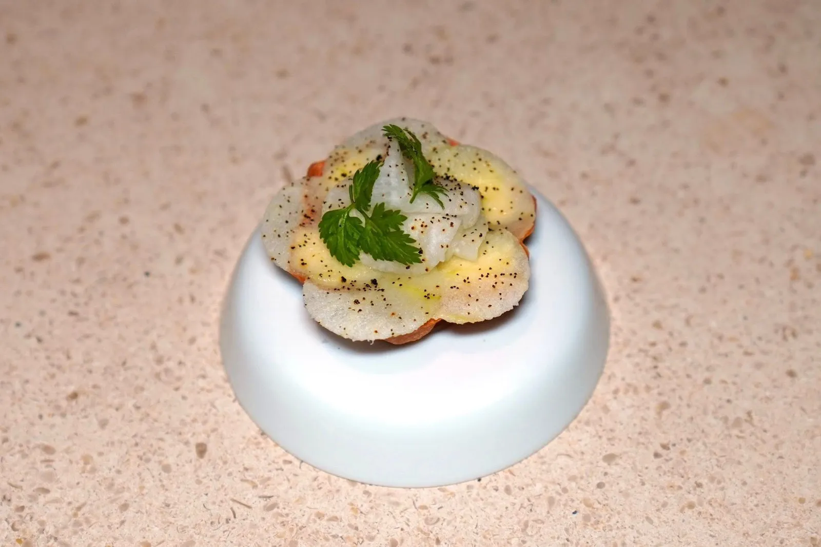 Monkfishceleriac, radish, appleเชฟเสิร์ฟมากับมินิทาร์ตที่ประกอบขึ้นจากผักหลายชนิดเช่นแรดิชและแอปเปิ้ล (14/20)