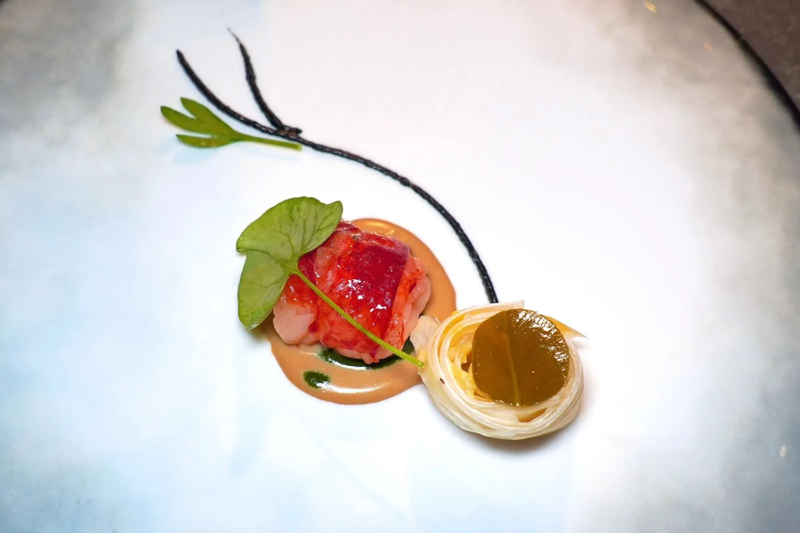 Blue lobster, watercress and white asparagusกุ้ง Blue Lobster ที่เชฟย่างมาแบบ Medium Rare สุกกำลังดี ด้านล่างรองด้วยซอสกุ้งล็อบสเตอร์หอมมันและอีมัลชั่นของผัก Watercress ข้าง ๆ คือครีมเลมอนดำ นอกจากนี้ยังมีหน่อไม้ฝรั่งขาวเสิร์ฟมากับใบเคเปอร์ดองในน้ำส้มสายชูอีกด้วย (17/20)