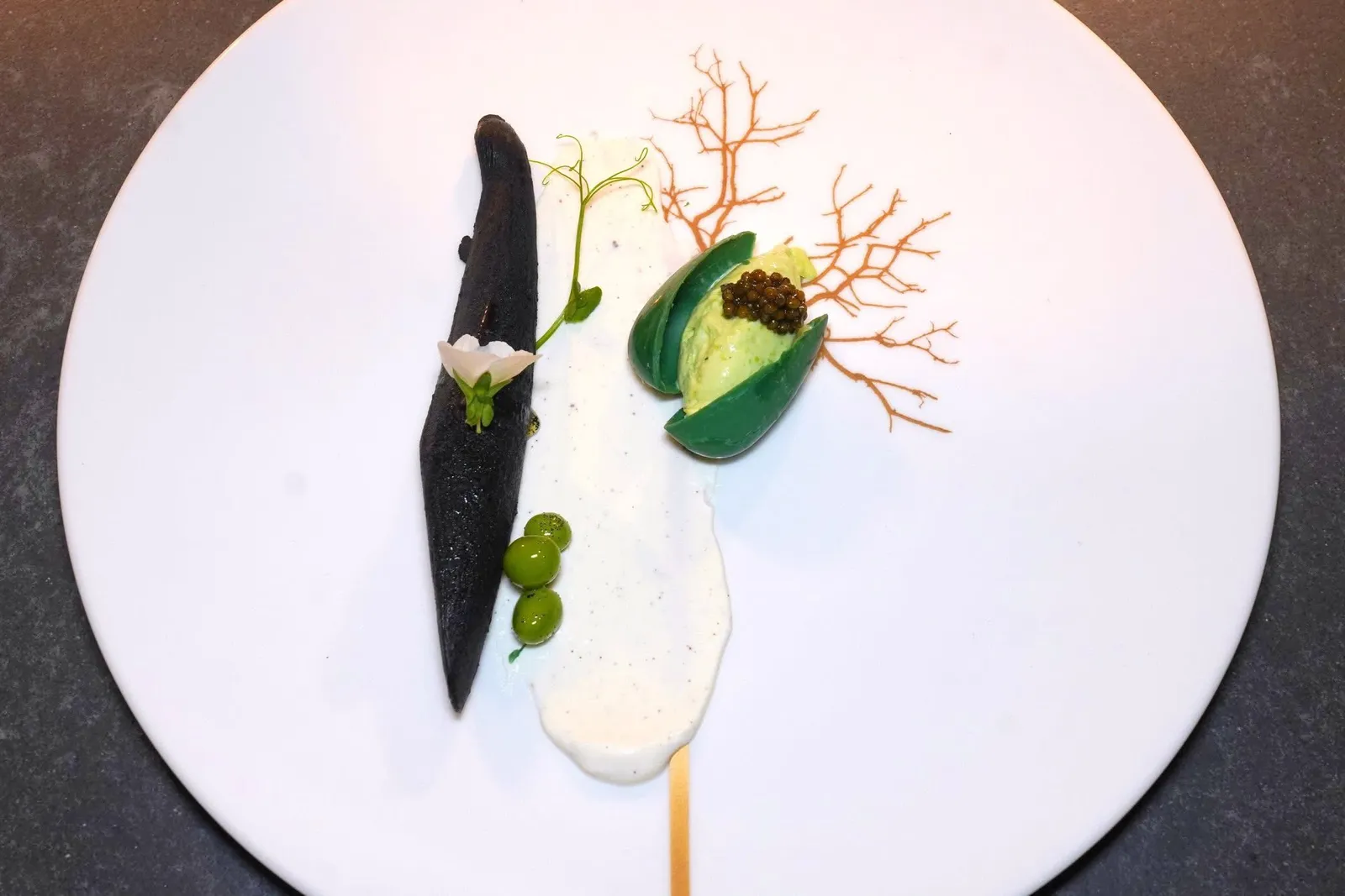 Vanilla pod, Oscietra caviar and green peas ice creamฝักวานิลลาปลอมสอดไส้ครีมวานิลลา ข้าง ๆ กันคือชิ้นถั่วรวมไปถึงไอศกรีมถั่ว Grean Bean เสิร์ฟมาในฝักปลอมของ White Chocolate Coating จากนั้นท็อปด้านบนด้วยออสซีตร้าคาเวียร์ (17/20)