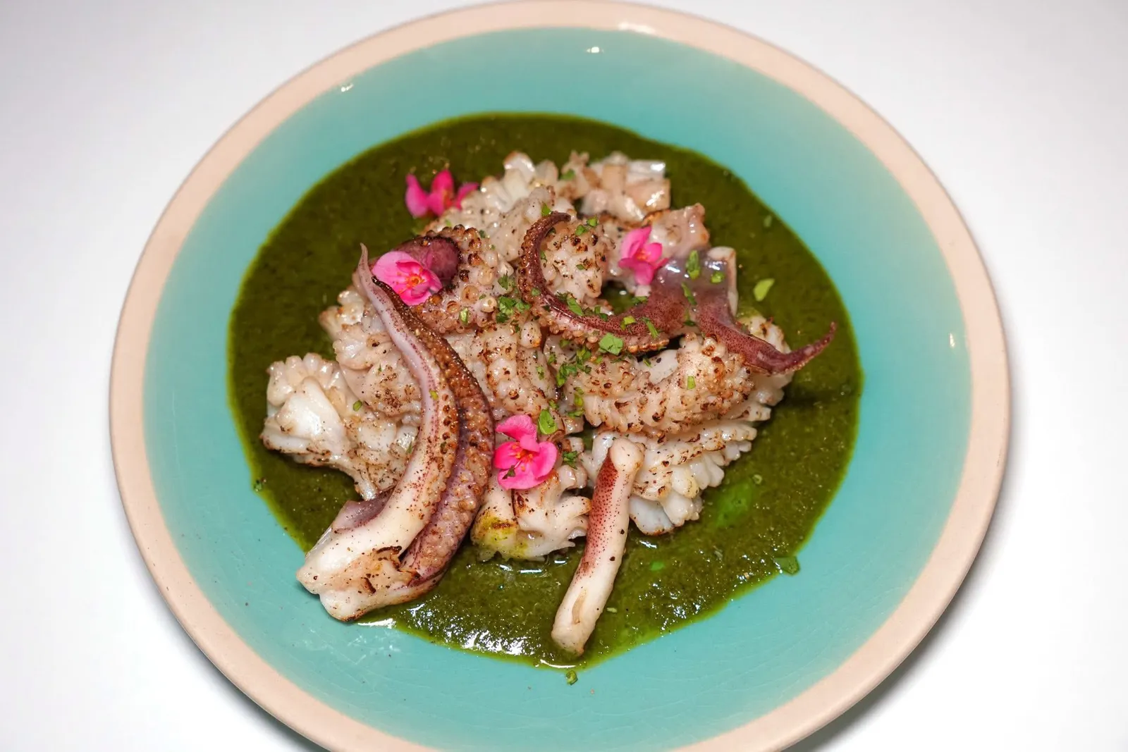 Cuttlefish with Mojo Verde (350++)wild-caught cuttlefish from trang province & homemade canarian mojo verdeหมึกจากจังหวัดตรังย่างมานุ่มหนึบพอเหมาะพอดี เชฟเสิร์ฟมากับซอสโมโฮเขียวสไตล์หมู่เกาะกานาเรียสซึ่งมีความหอมของเครื่องเทศโดดเด่นสร้างความสดชื่นได้ดี (14/20)