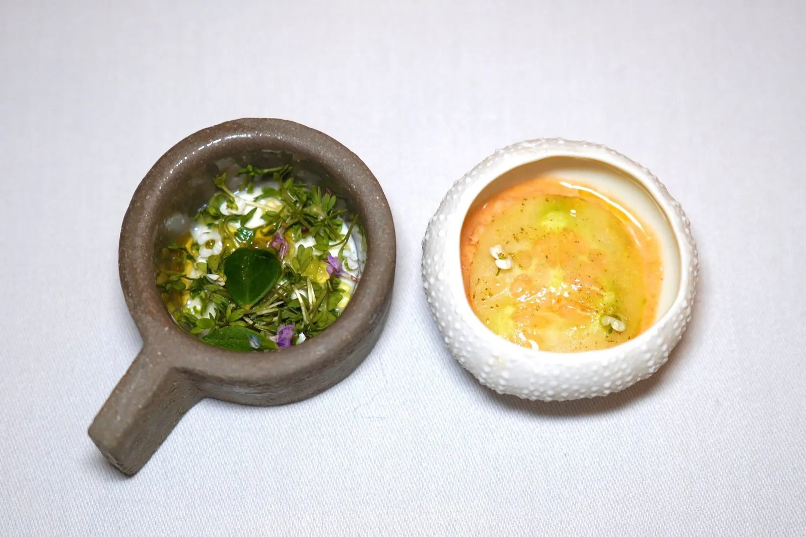 Amuse-boucheเนื้อปู Tourteau เสิร์ฟมากับเครื่องเทศ ชีสมัสคาโปเน่ แตงกวาฝาน สมุนไพร และพริกไทยขาวจากประเทศเวียดนาม ข้าง ๆ คือชีสบูราต้าเสิร์ฟมากับความเปรี้ยวจากมะนาวนิ้วมือ และพืชหลายชนิด (16/20)