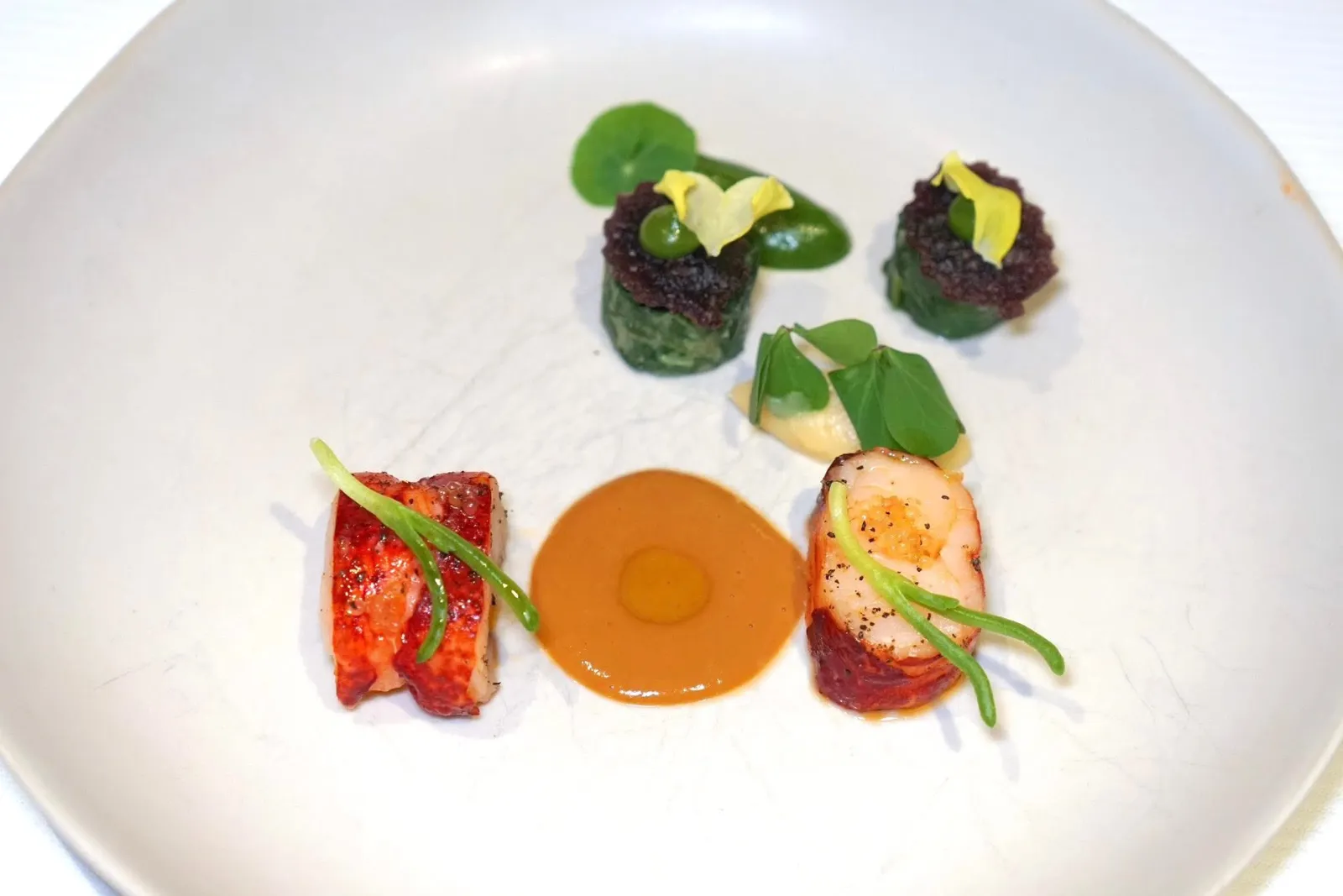 La Homard - BrittanyLobster | Carrot Mousseline | Spinach | Satay Sauce | Shell Sorbetกุ้งล็อบสเตอร์จากแคว้น Brittany เชฟนำไปแช่ในน้ำเกลือหรือ Brine ก่อนจะนำมานึ่งจนสุก ด้านบนท็อปด้วยสาหร่าย Salicornia ที่ขึ้นบริเวณชายฝั่งของแคว้น Brittany ตรงกลางคือซอสที่ได้รับแรงบันดาลใจมาจากสะเต๊ะไทยโรยด้วยน้ำมันมะกรูด ยังมี Sponge Cake ผักโขมท็อปด้วยมันฝรั่งดำจากแถบลุ่มแม่น้ำ Loire เนื้อสัมผัสกรุบกรอบ เชฟตกแต่งด้วยใบ Oxalis และใบ Cappuccine (15/20)